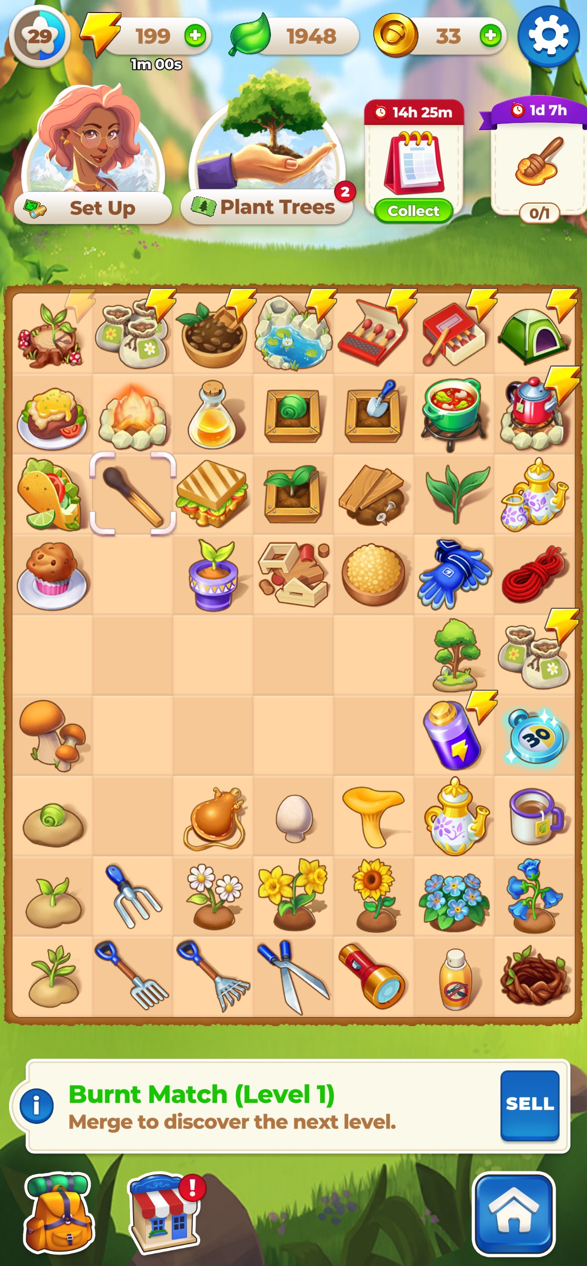合并棋盘上的物品、空格与生成器；底部显示选中物品的信息和出售按钮。
