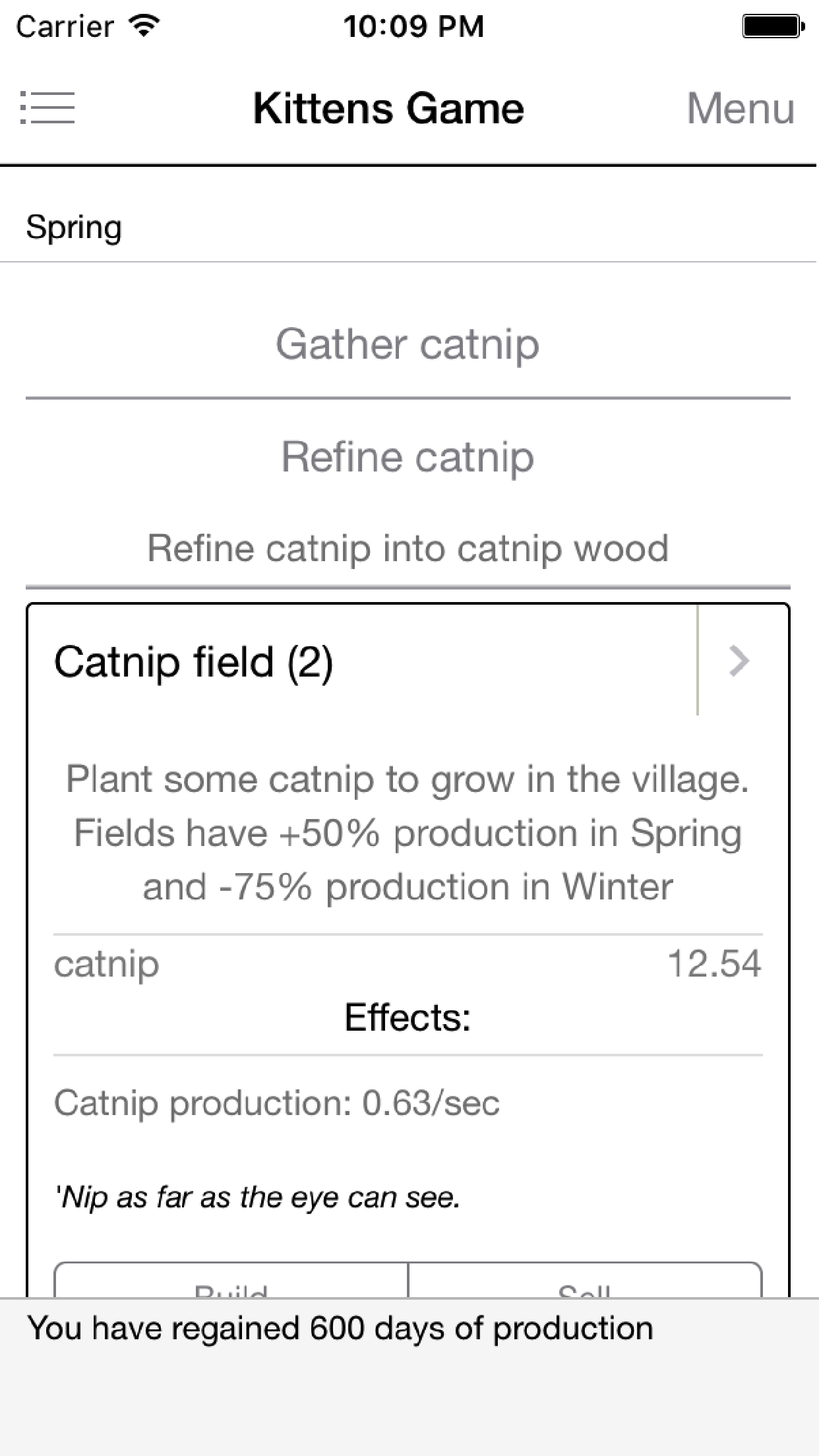 当前 iOS 版本：猫薄荷采集、精炼与田地生产界面
