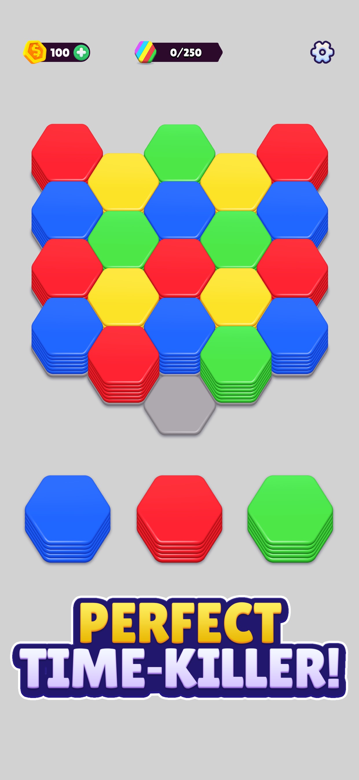 六角棋盘上的颜色块堆与下方待放块堆