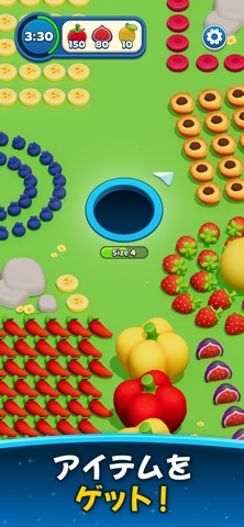 水果关卡：3:30计时、不同目标与Size4黑洞可见；底部为宣传横幅。