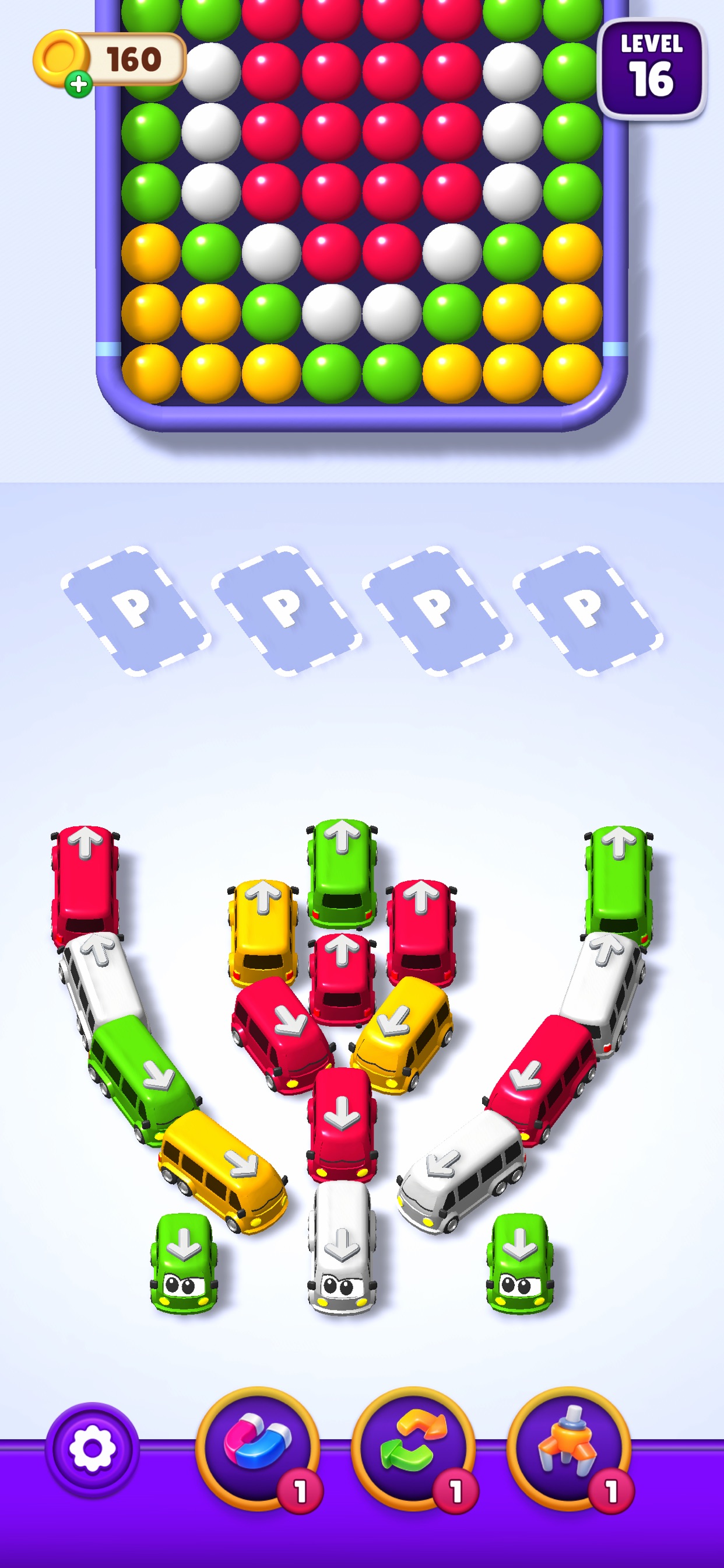 第16关：四个候车位、方向各异的车辆与四色糖果，需同时考虑车辆能否驶出和颜色匹配。